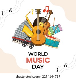 happy world music day event and musical instruments with white background. vector illustration design