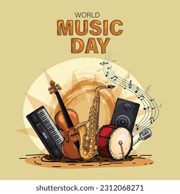 Happy World Music Day Event und Musikinstrumente mit hellem Hintergrund. abstraktes Vektorgrafik-Design	