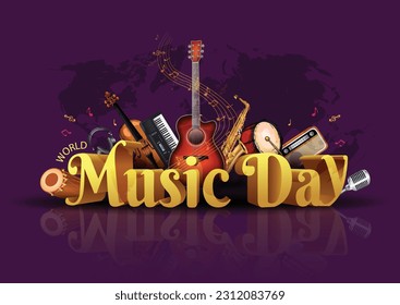 happy world music day event and musical instruments with light background. abstract vector illustration design	