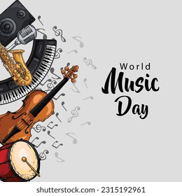 happy world music day event and musical instruments with white background. abstract vector illustration design	