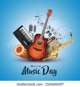 happy world music day and musical instruments with blue background. vector illustration design