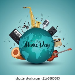 happy world music day and musical instruments with blue background. vector illustration design