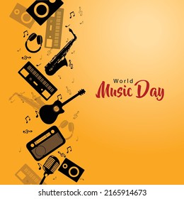 happy world music day and musical instruments with yellow background. vector illustration design