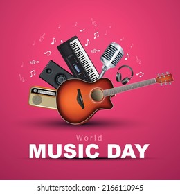 happy world music day and musical instruments with pink background. vector illustration design