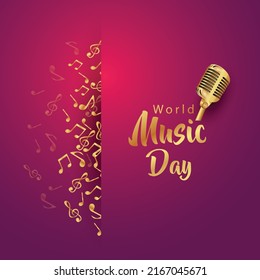 happy world music day and musical instruments with pink background. vector illustration design