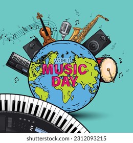 happy world music day and musical instruments with blue background. vector illustration design