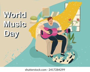 Happy world music day and musical instruments, vector illustration design. Playing guitar in a home environment.