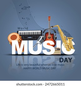 happy world music day and musical instruments with blue background. vector illustration design