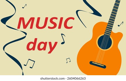 Happy world music day and musical instruments on beige background. Vector illustration design