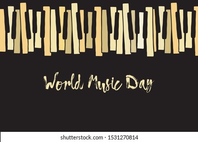 Happy world music day party. Chaotic Pianoforte musical grand piano octaves, sketch  drawing. Vector doodle pattern with hand drawn piano, harpsichord  keys