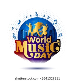 Happy world music day poster. musical instrument with musician performance and music notes background illustration.