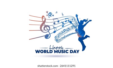Happy world music day. Vector illustration of a woman enjoying music, cheering and appreciating the performance.