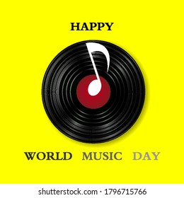 Happy world music day and vinyl record, vector art illustration.