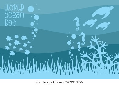 Happy world ocean day. Sea world. Underwater life. Vector illustration of underwater life