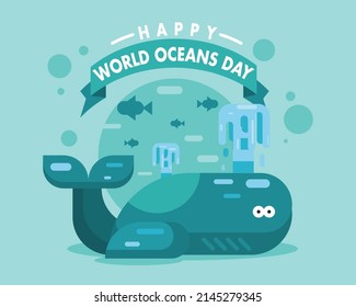 Happy World Oceans Day, 8 June underwater marine blue whale fish poster vector design illustration