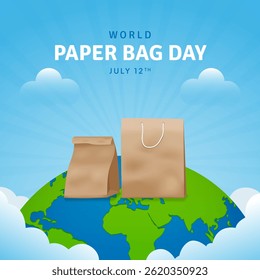 Happy World Paper Bag Day July 12th with paper bag and globe illustration on sunburst background