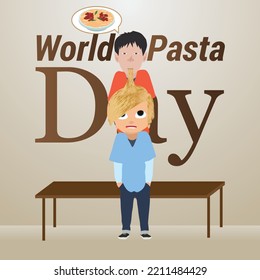 Happy world pasta day, A cartoon boy is standing on a table and eating another boy's hair like noodles. vector illustration poster and banner design for food festivals and events