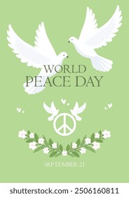 Happy World Peace Day minimalistic flat flyer design in green pastel colours with white doves