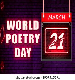 Happy World Poetry Day, Calendar icon, vector illustration, on Bricks background