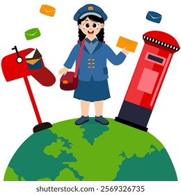 Happy World Post Day, there are people delivering letters to the post office. World Post Day celebration card. Postcard design for postal service worker congratulatory vector illustration.