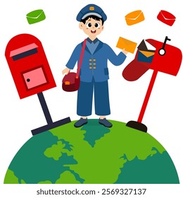 Happy World Post Day, there are people delivering letters to the post office. World Post Day celebration card. Postcard design for postal service worker congratulatory vector illustration.