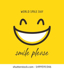 Happy world smile day banner vector illustration greeting design on yellow background with emoticon drawing