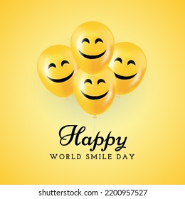 Feliz día de la sonrisa del mundo tarjeta de saludo con realistas 3d sonrisa feliz emoticono divertido