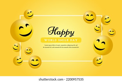 Happy world smile day greeting card with realistic 3d happy smile fun emoticon