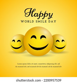 Happy world smile day greeting card with realistic 3d happy smile fun emoticon