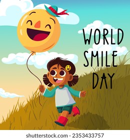 happy world smile day illustration of a girl running happily holding a smiling emoji balloon