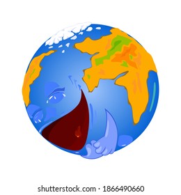 Happy world smiling, eyes, hands, mouth. Vector character in normal condition, land and water on planet surface. Good ecology and nature design isolated on white background