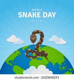 Happy World Snake Day July 16th with a snake and globe illustration on sunburst background