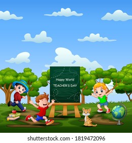 Happy World Teacher day on sign with happy kids playing