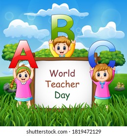 Happy World Teacher day on sign with kids holding ABC letter