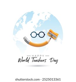 Happy World Teachers' Day. World globe with Happy teacher cartoon and pencil creative concept.