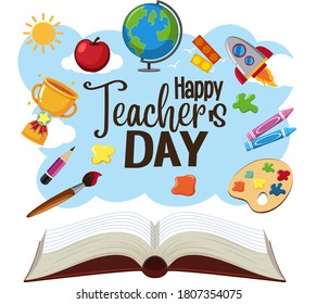 Happy World Teacher's Day logo with student items illustration