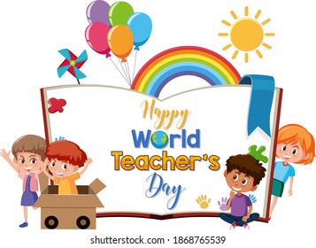 Happy World Teacher's Day logo with group of cute students illustration