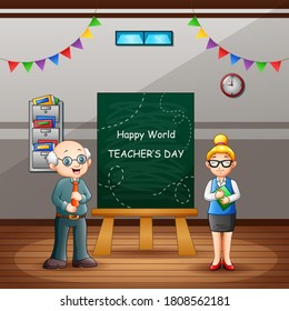 Happy World Teacher's Day text on chalkboard with teachers in the classroom