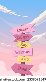 happy world tourism day. banner, brochure, poster design. illustration of a signpost to a world-famous city