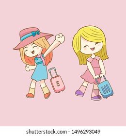 Happy World Tourism Day, cute girl hand drawn vector illustration