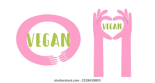 Happy world vegan day celebration. Colorful hand drawn illustration in cartoon style. Vegan poster design. Vegan cafe print. Pink cartoon hands in different gestures. No animal testing concept