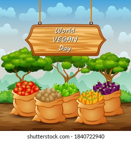 Happy World Vegan Day with different kinds of vegetables in the sack