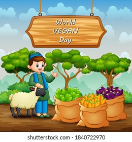 Happy World Vegan Day with vegetables and farmer