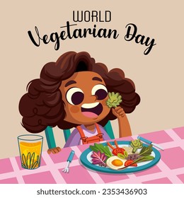 ilustración del día vegetariano del mundo feliz de las niñas comiendo comida saludable