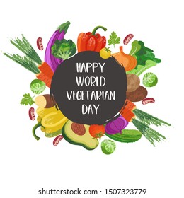 Happy world vegetarian day. Vector illustration with hand drawn unique textures.