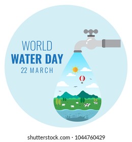 Happy world water day march 22, Water drop, faucet and life with blue background.