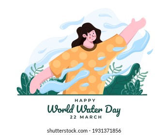 Happy world water day at March 22 illustration. International water day celebration. Save earth, save water. People control water using force concept. Suitable for banner, poster, postcard, flyer.