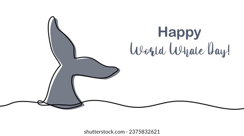Happy World Whale Day banner or card, whale tail line art, ecology concept, vector