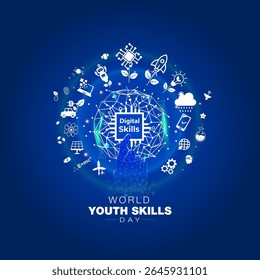 Happy World youth skills day concept. Empowering youth with futuristic technology, AI, and digital skills through training and education background.