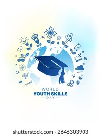 Happy World Youth Skills Day poster. Youth Empowerment through Sustainable Tech, AI, and Digital Skills Education.